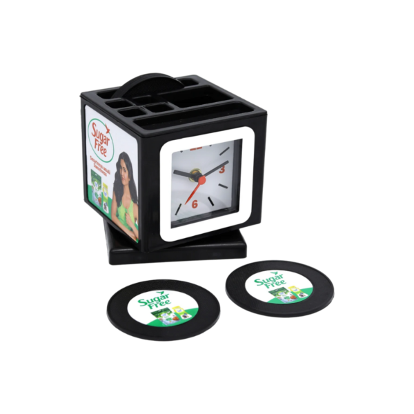MULTI PURPOSE TABLE CLOCK WITH REVOLVING PEN STAND AND COASTER
